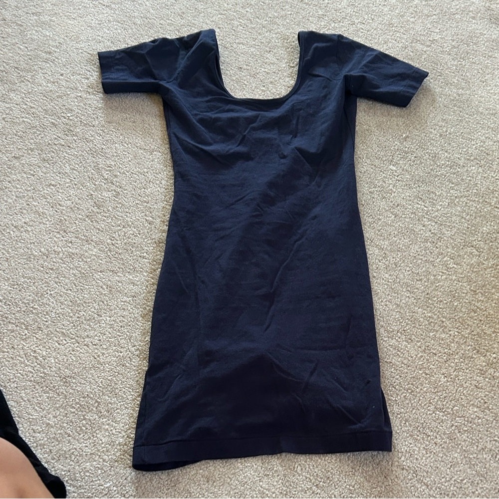 Navy Blue Short Sleeve Dress low cut back - tight fitting size medium